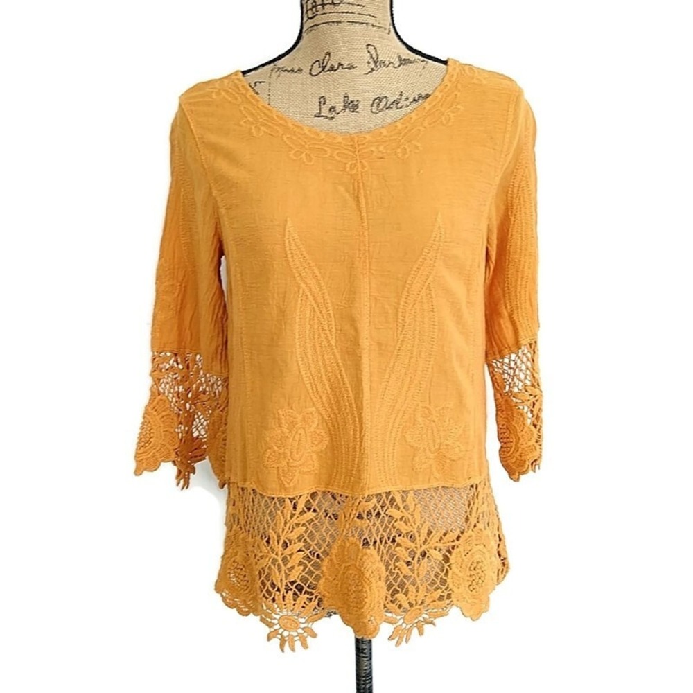 Cato Blouse Womens XS Mustard Yellow Embroidered Crochet Lace Boho Top